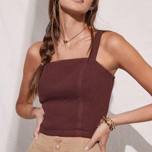 Anthropologie Maroon Smocked Tie Back Tank